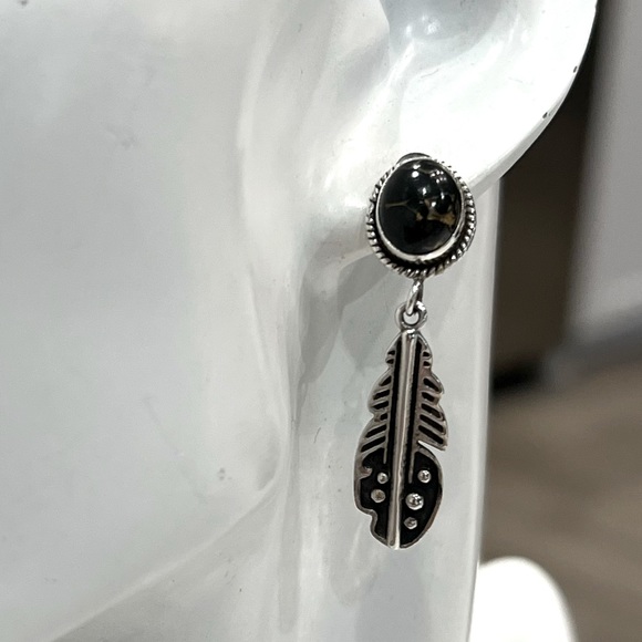 Mojave Black Turquoise Sterling Silver Feather Dangle Earrings